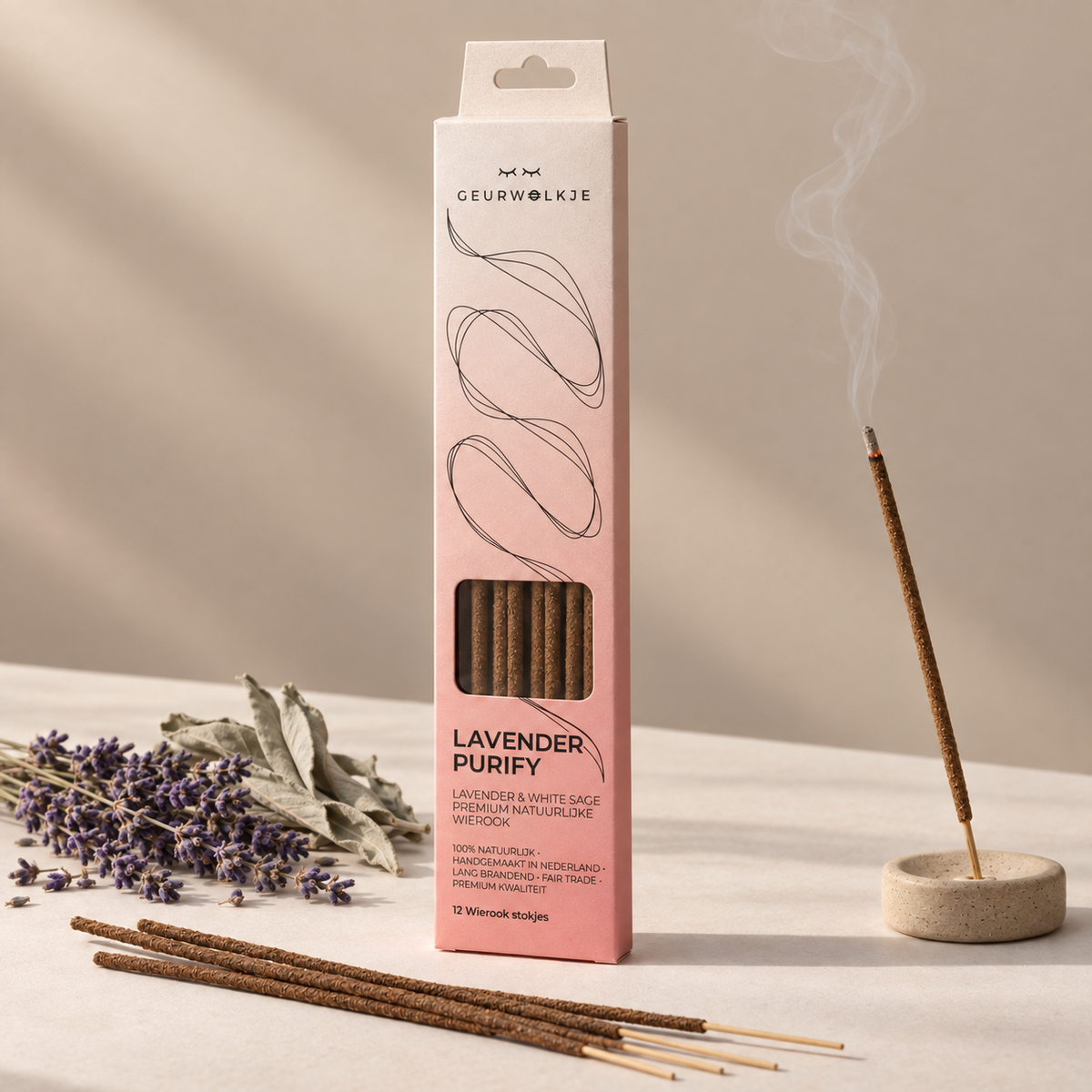 Lavender Purify Lavender &amp; White Sage wierook van Geurwolkje, met verpakking, losse stokjes, gloeiend stokje en geurgebonden ingrediënten