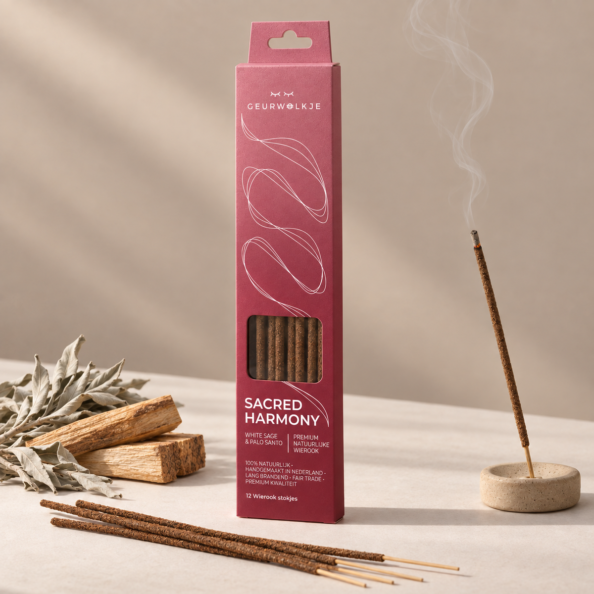 Sacred Harmony White Sage &amp; Palo Santo wierook van Geurwolkje, met verpakking, losse stokjes, gloeiend stokje en geurgebonden ingrediënten